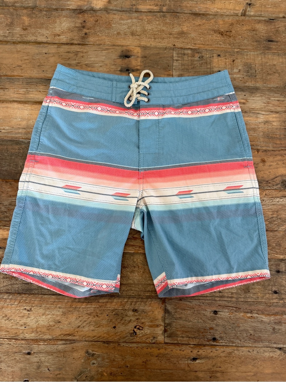 Faherty Blue Swim Board Shorts with Coral & Cream Stripes